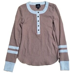 Oak & Trellis Striped Long Sleeve Henley Tee Women's‎ Size XS Brown White Trim